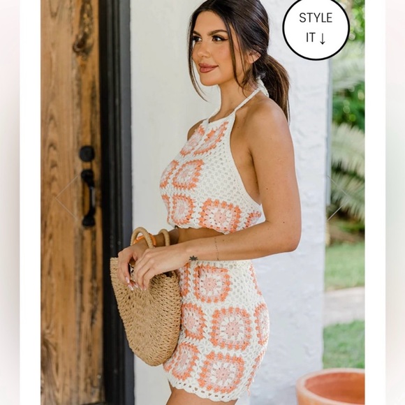 Pink Lily| size medium| pink & orange squared away crochet tank and skirt set - Picture 3 of 11